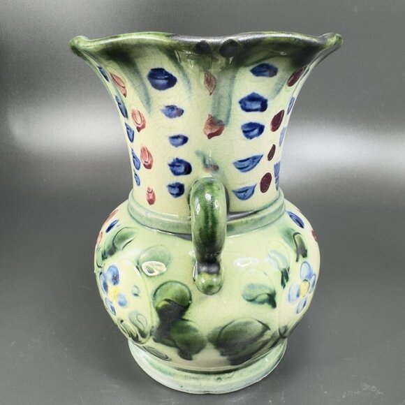 Vintage Japanese Ceramic Vase With Handles Vessel With Majolica Floral Pattern - Picture 10 of 16
